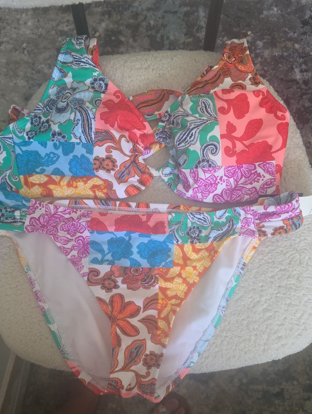 Bar III Multicolor Patchwork Floral Bikini - Coral, Turquoise, Yellow, Pink